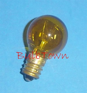 7G8/TRANSPARENT YELLOW/130V E12 BASE - 7 Watt G8 Transparent Yellow 1" Globe 130 Volt Candelabra (E-12) Brass Base