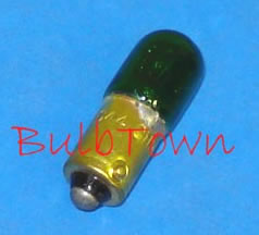  #44G GREEN MINIATURE BULB BA9S BASE - 6.3 Volt .25 Amp T3-1/4 Miniature Bayonet (BA9S) Base, 0.9 MSCP C-2R Filament Design. 1.19" Maximum Overall Length. 3,000 Average Rated Hours. #44G  
